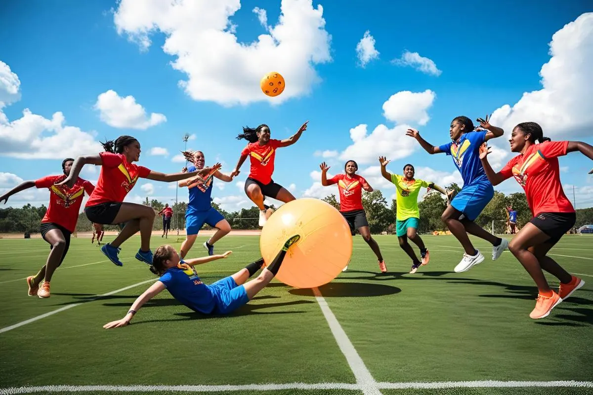Kin-Ball: Jogo com bola gigante e equipes em campo. Esporte coletivo, regras e segurança.