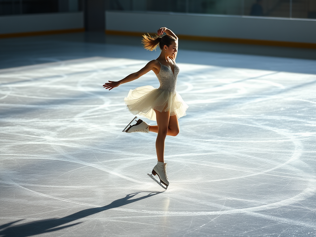 Patinadora artística no gelo. Jovem patina com vestido branco e patins brancos. Arte e técnica da patinação.