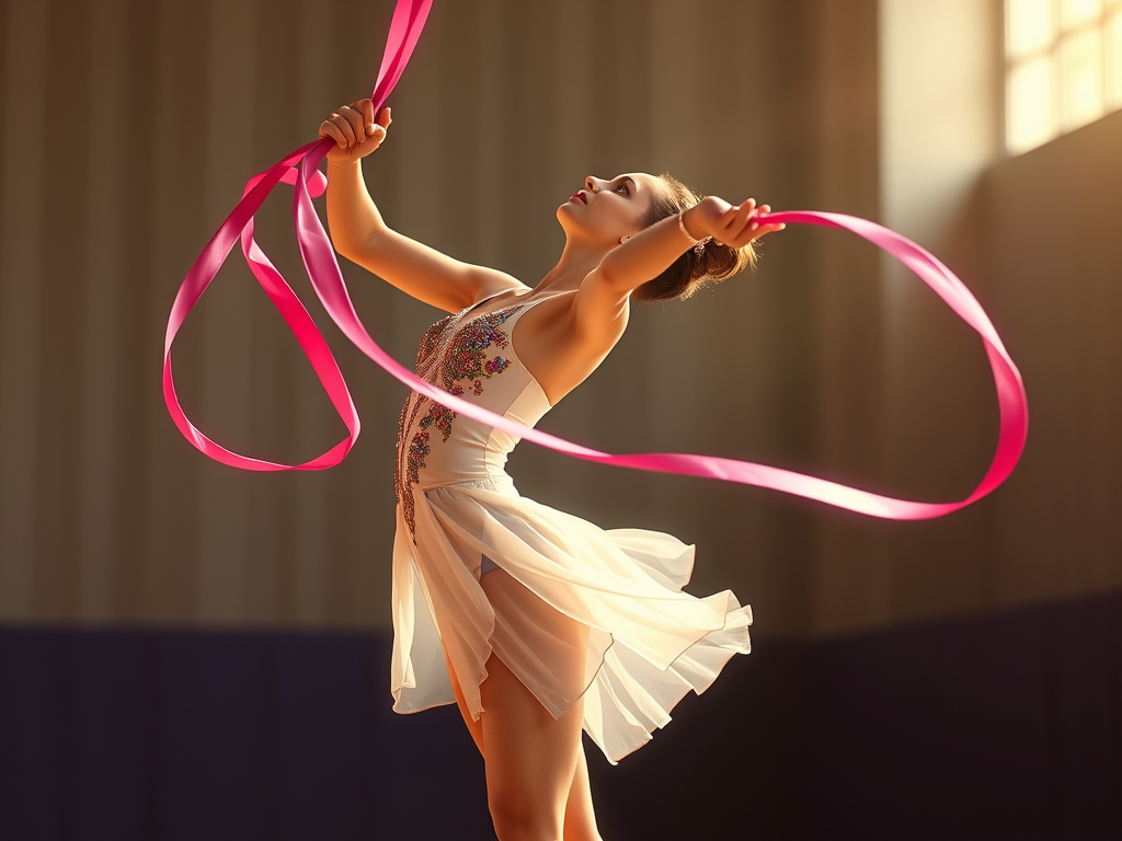 Ginasta rítmica com fita rosa. Elegância e arte na ginástica rítmica.