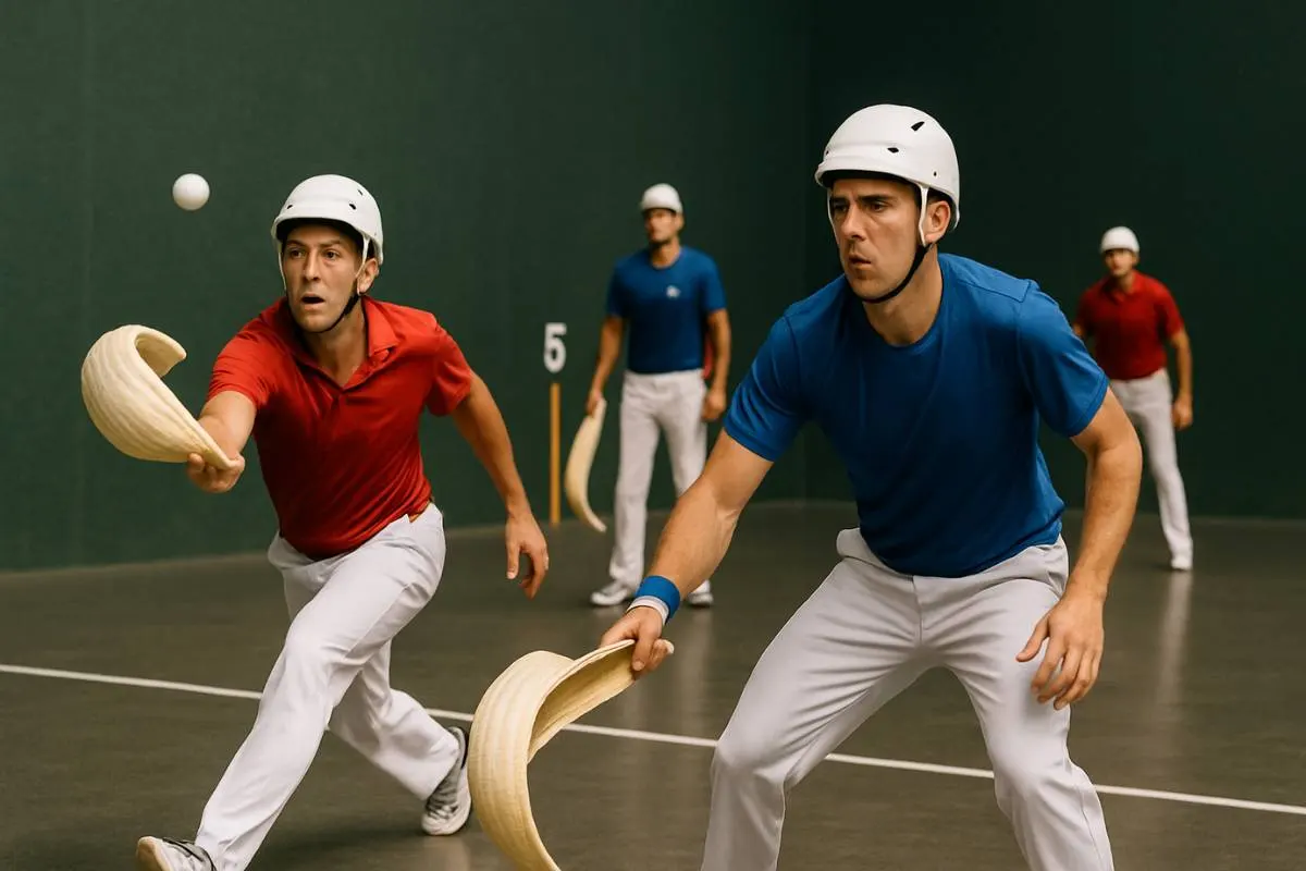 Jogadores de Jai Alai em ação. Esporte basco com cesta e bola. Competição de alta velocidade e habilidade.